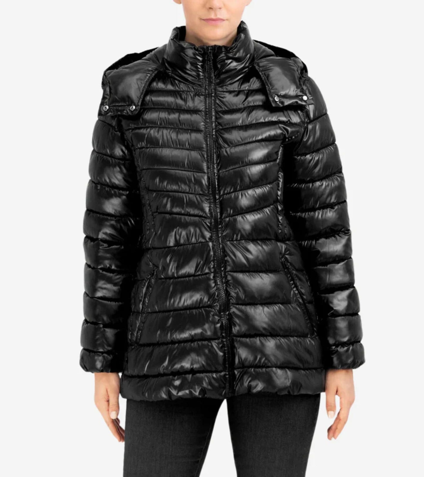 Women's Quilted Pearl Faux Down Jacket with Removable Hood (8014068351223)