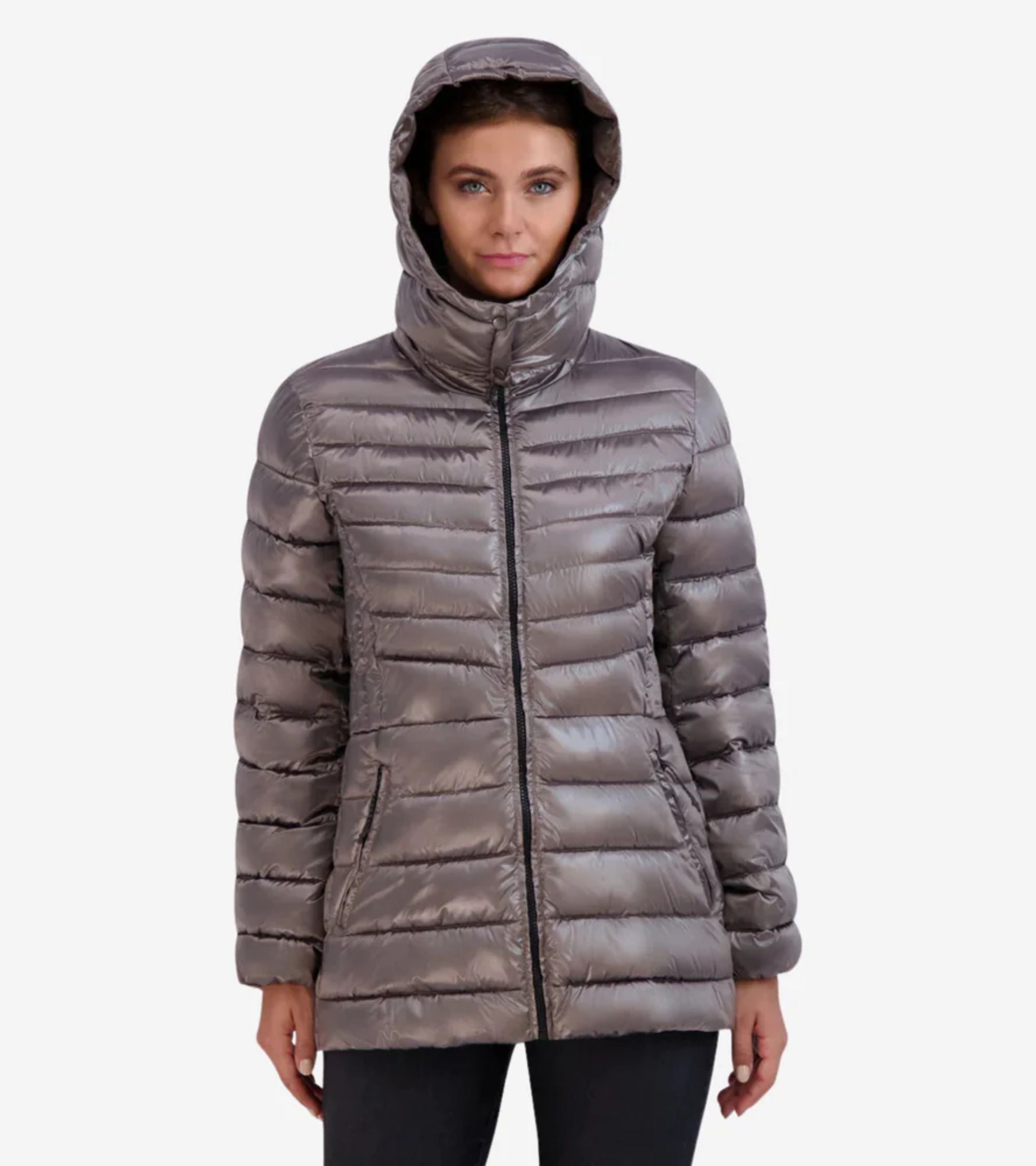 Cole Haan Women's Silver shops Hooded Quilted Puffer Coat Zip Up Size M