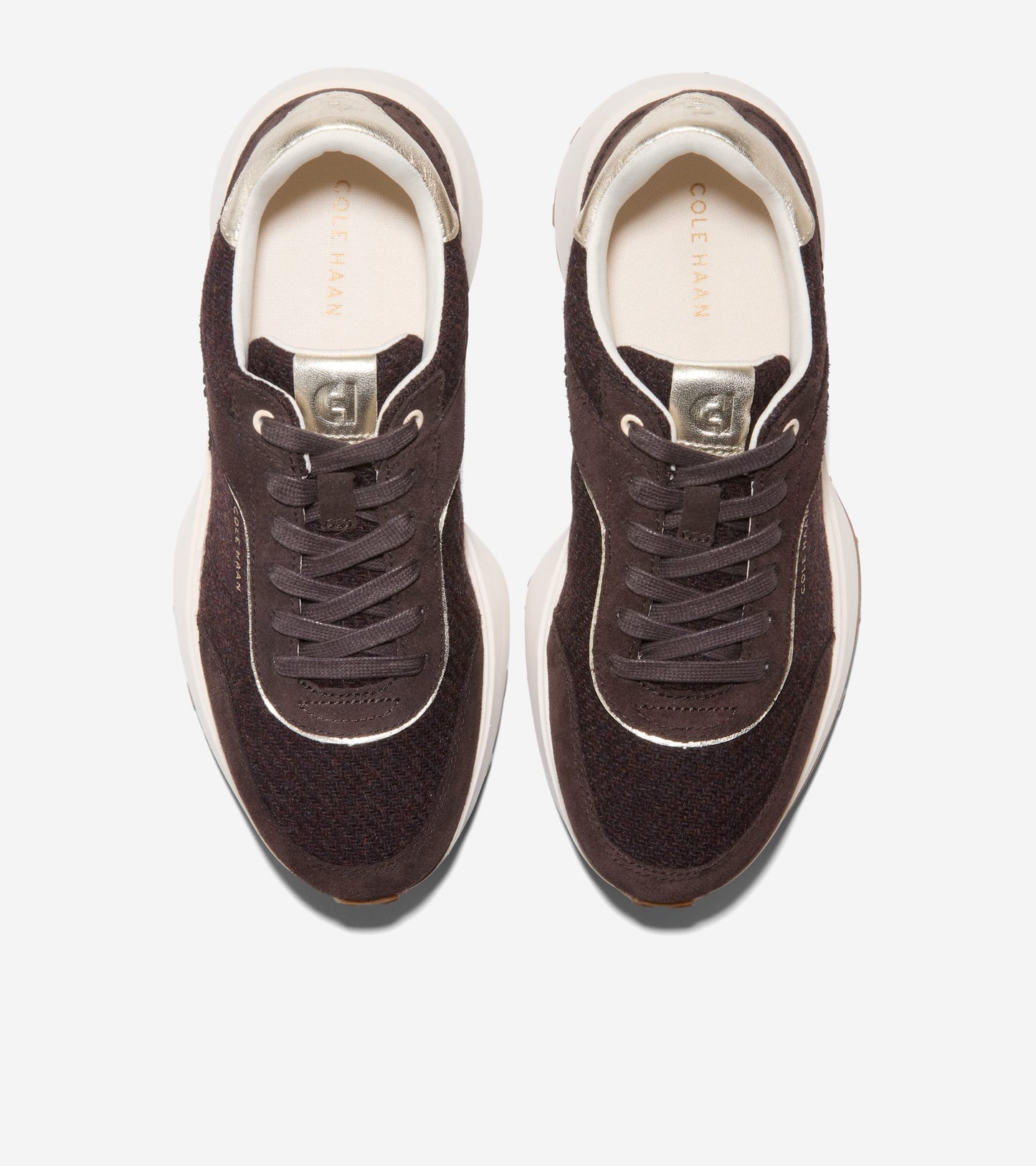 W34884:CH DK CHOCOLATE SUEDE/WOOL/SOFT GOLD/WHITE